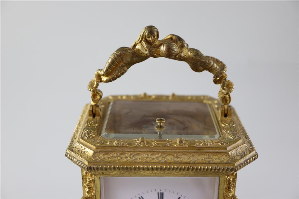 Jules of Paris. A 19th century French ormolu hour repeating carriage clock, width 4.75in. height 7in.